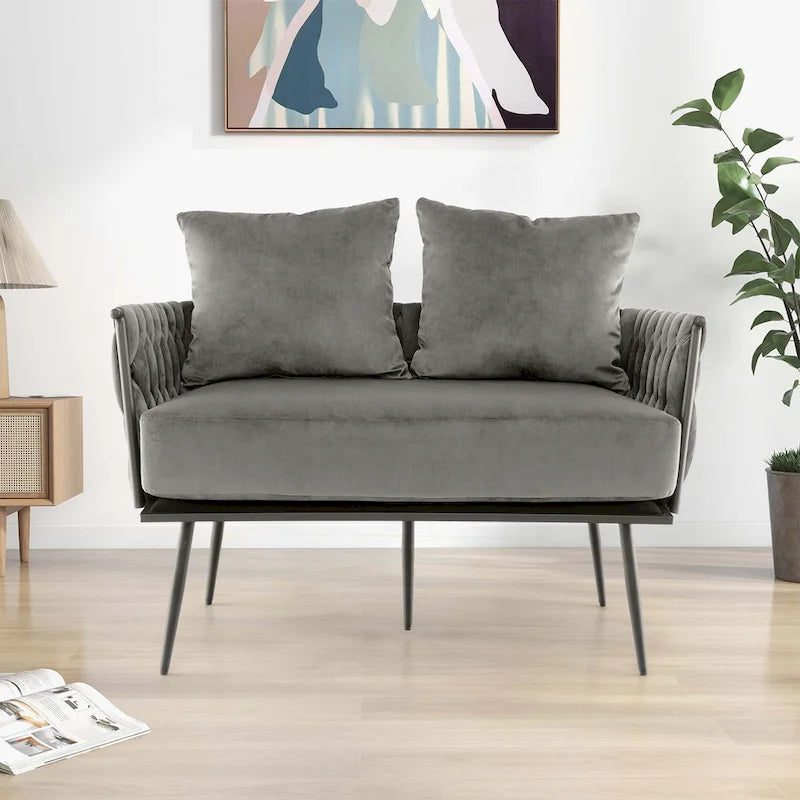 Modern Loveseat Sofa Upholstered Dutch Velvet Couch with Woven - See Details