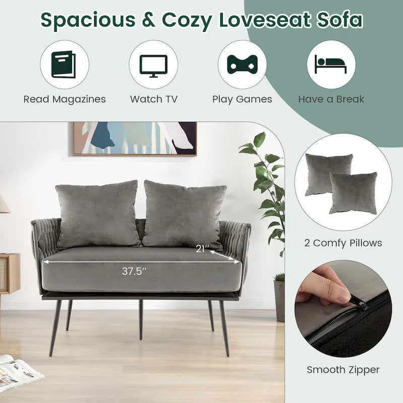 Modern Loveseat Sofa Upholstered Dutch Velvet Couch with Woven - See Details