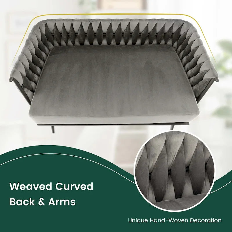 Modern Loveseat Sofa Upholstered Dutch Velvet Couch with Woven - See Details