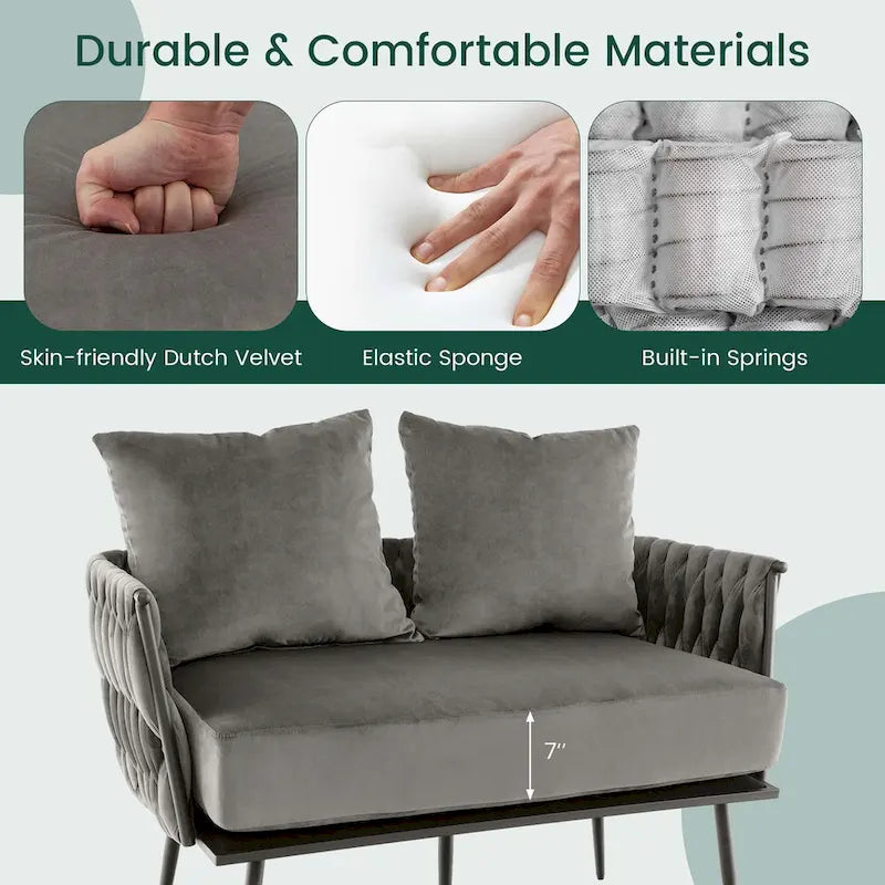 Modern Loveseat Sofa Upholstered Dutch Velvet Couch with Woven - See Details