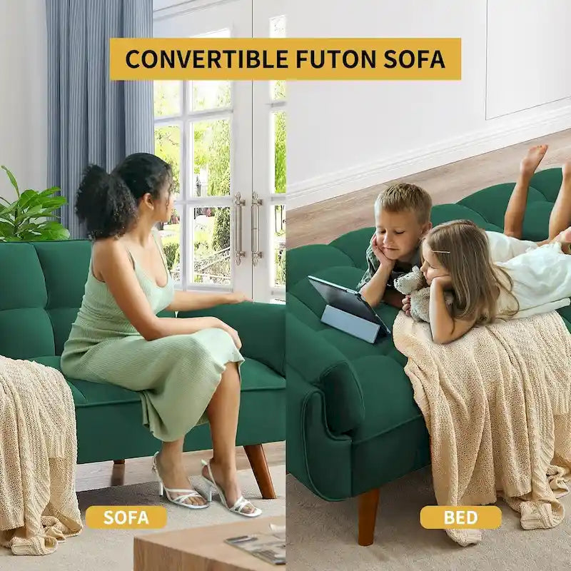75.39 IN. Futon Sofa Bed, Convertible Upholstered Couch Sleeper with Reclining Sleeper Split Tufted Back