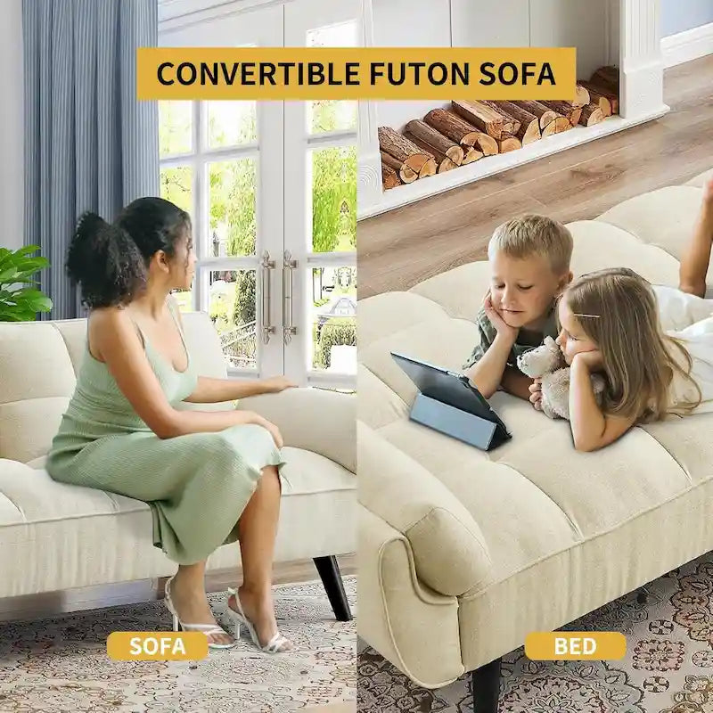 75.39 IN. Futon Sofa Bed, Convertible Upholstered Couch Sleeper with Reclining Sleeper Split Tufted Back
