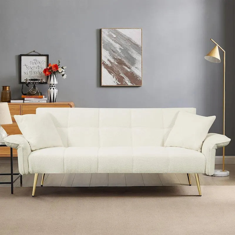 Futon Sofa Bed, Teddy Velvet Foldable Couch Convertible Loveseat Sleeper Daybed with Adjustable Armrests for Small Space