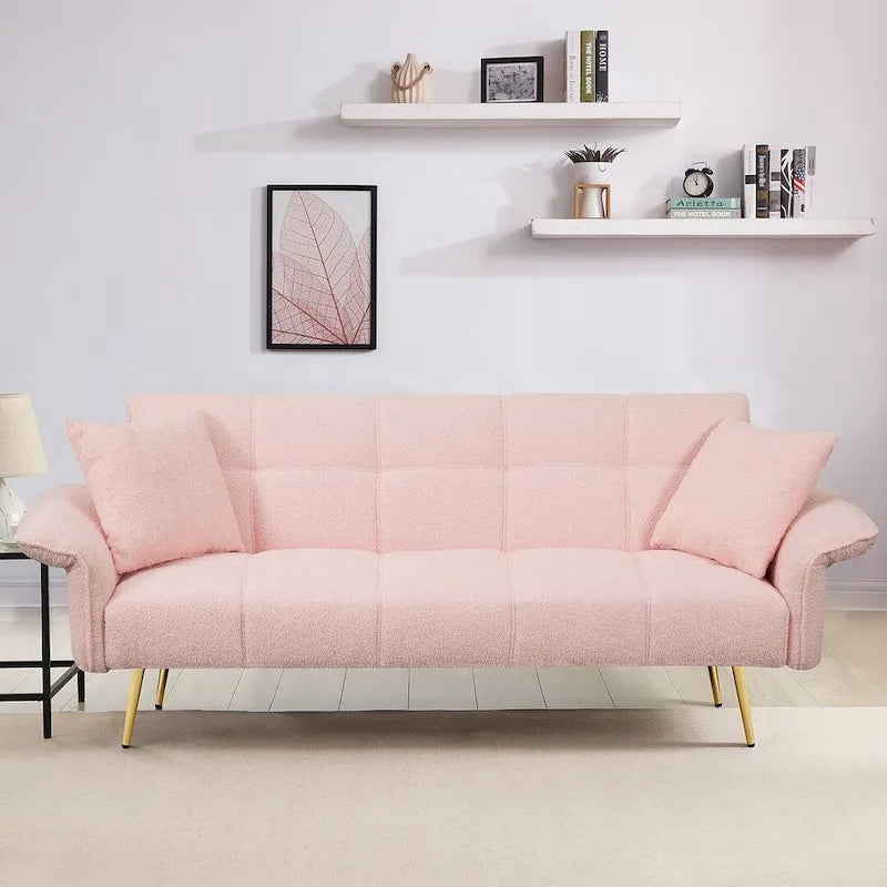 Futon Sofa Bed, Teddy Velvet Foldable Couch Convertible Loveseat Sleeper Daybed with Adjustable Armrests for Small Space