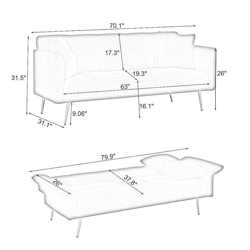Futon Sofa Bed, Teddy Velvet Foldable Couch Convertible Loveseat Sleeper Daybed with Adjustable Armrests for Small Space