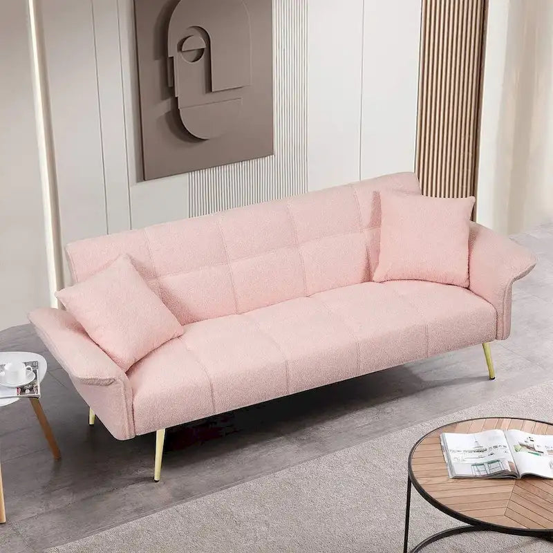 Futon Sofa Bed, Teddy Velvet Foldable Couch Convertible Loveseat Sleeper Daybed with Adjustable Armrests for Small Space