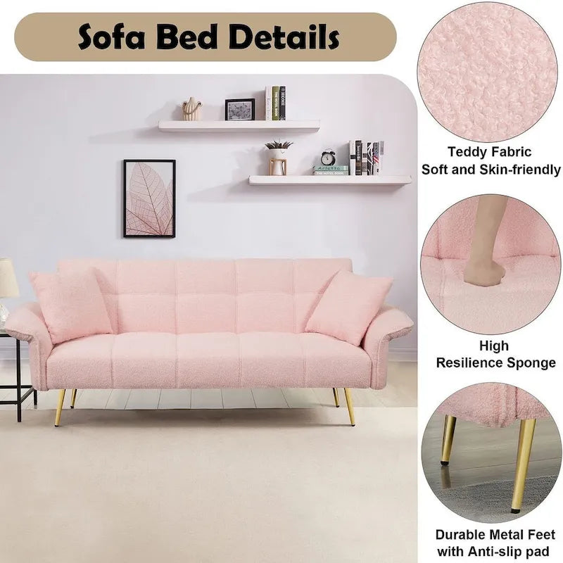 Futon Sofa Bed, Teddy Velvet Foldable Couch Convertible Loveseat Sleeper Daybed with Adjustable Armrests for Small Space