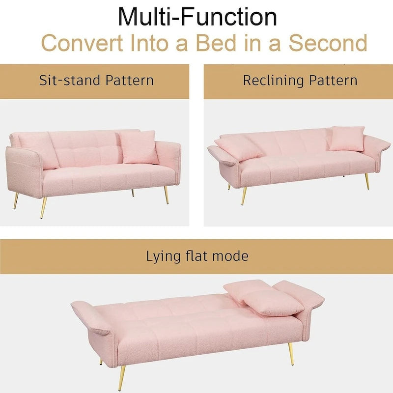 Futon Sofa Bed, Teddy Velvet Foldable Couch Convertible Loveseat Sleeper Daybed with Adjustable Armrests for Small Space