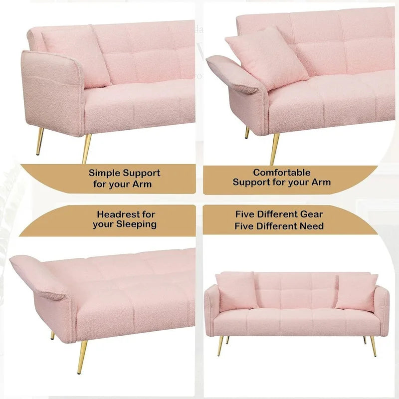Futon Sofa Bed, Teddy Velvet Foldable Couch Convertible Loveseat Sleeper Daybed with Adjustable Armrests for Small Space
