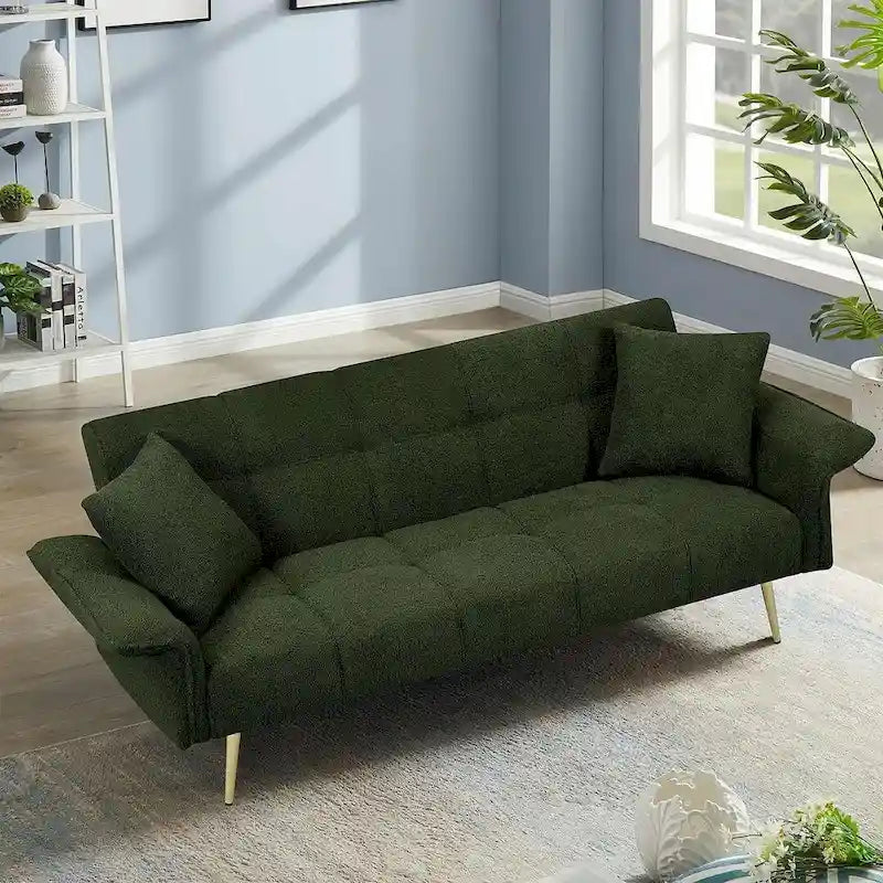 Futon Sofa Bed, Teddy Velvet Foldable Couch Convertible Loveseat Sleeper Daybed with Adjustable Armrests for Small Space