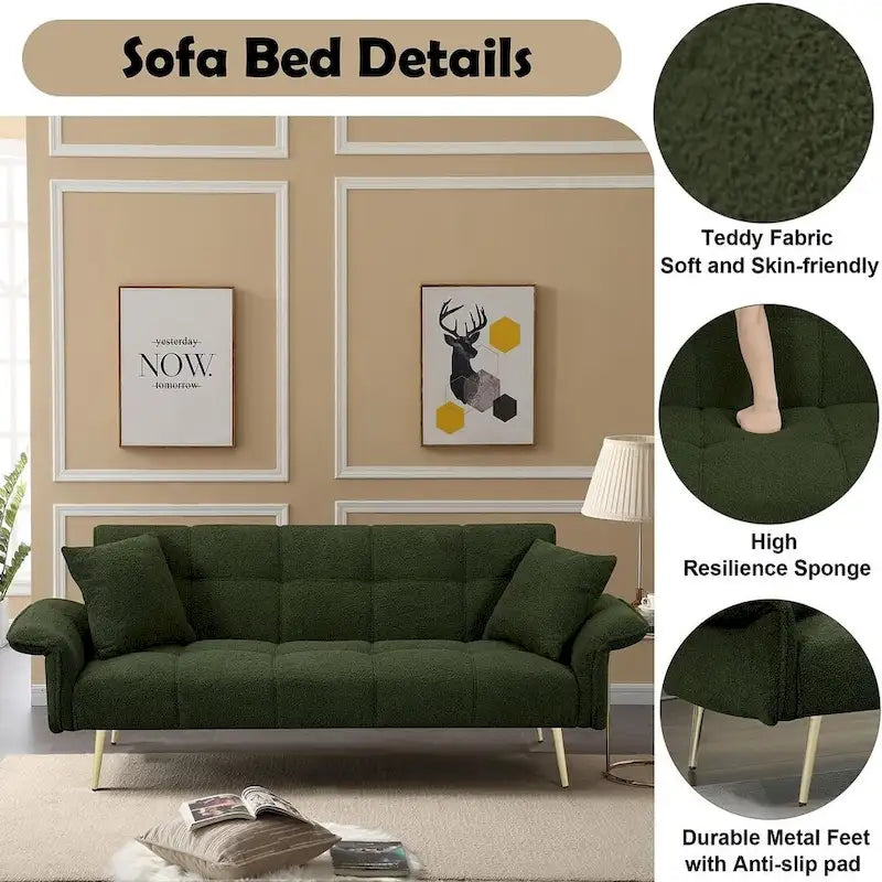 Futon Sofa Bed, Teddy Velvet Foldable Couch Convertible Loveseat Sleeper Daybed with Adjustable Armrests for Small Space