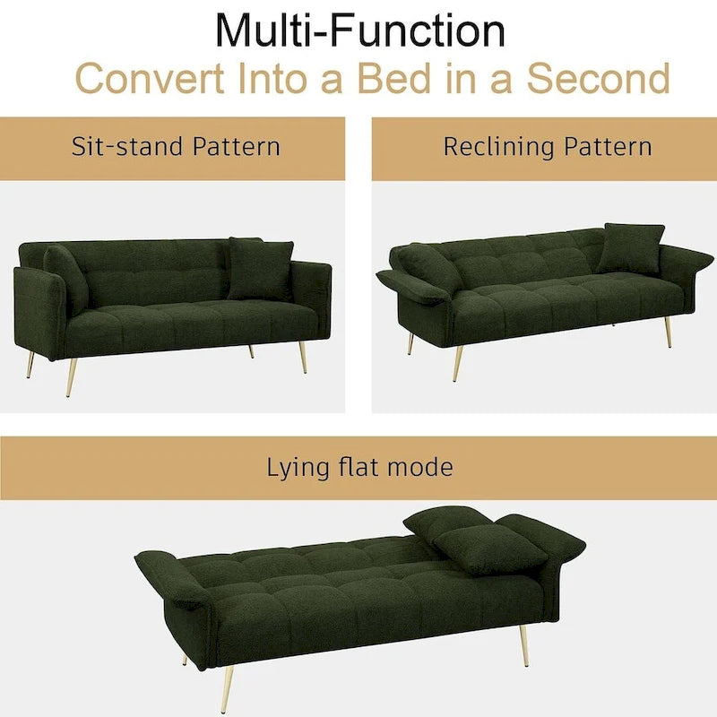 Futon Sofa Bed, Teddy Velvet Foldable Couch Convertible Loveseat Sleeper Daybed with Adjustable Armrests for Small Space