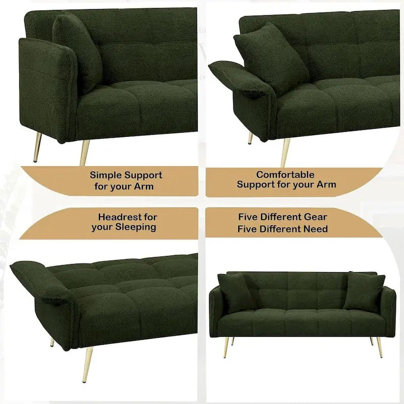 Futon Sofa Bed, Teddy Velvet Foldable Couch Convertible Loveseat Sleeper Daybed with Adjustable Armrests for Small Space