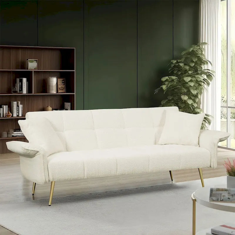 Futon Sofa Bed, Teddy Velvet Foldable Couch Convertible Loveseat Sleeper Daybed with Adjustable Armrests for Small Space