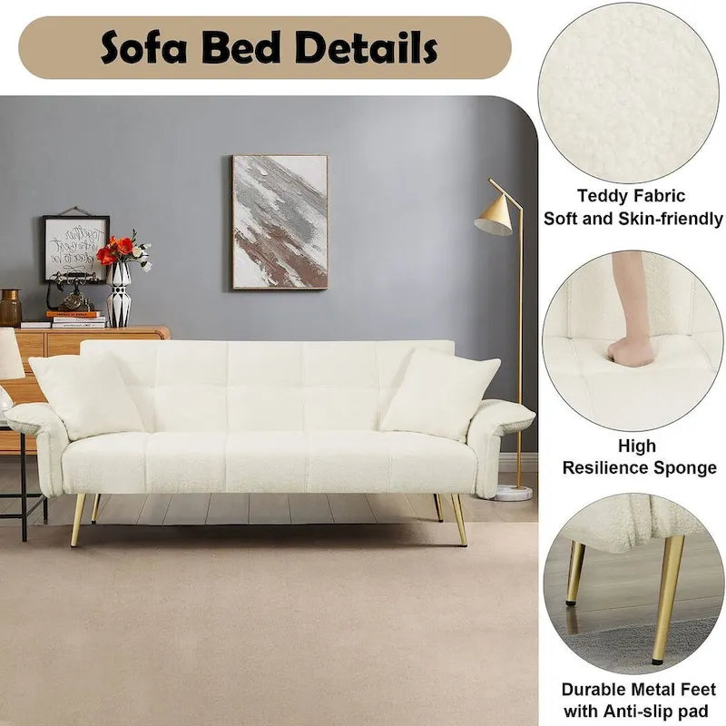 Futon Sofa Bed, Teddy Velvet Foldable Couch Convertible Loveseat Sleeper Daybed with Adjustable Armrests for Small Space