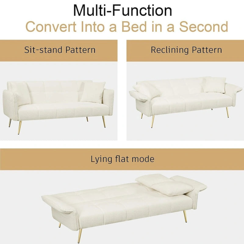 Futon Sofa Bed, Teddy Velvet Foldable Couch Convertible Loveseat Sleeper Daybed with Adjustable Armrests for Small Space