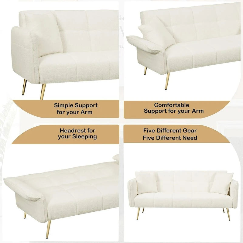 Futon Sofa Bed, Teddy Velvet Foldable Couch Convertible Loveseat Sleeper Daybed with Adjustable Armrests for Small Space
