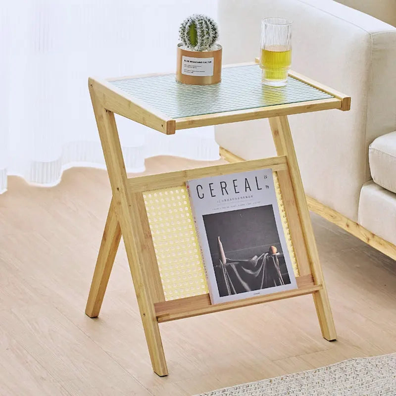 Bamboo Glass Top End Table, Accent Side Table w/ Storage Rack