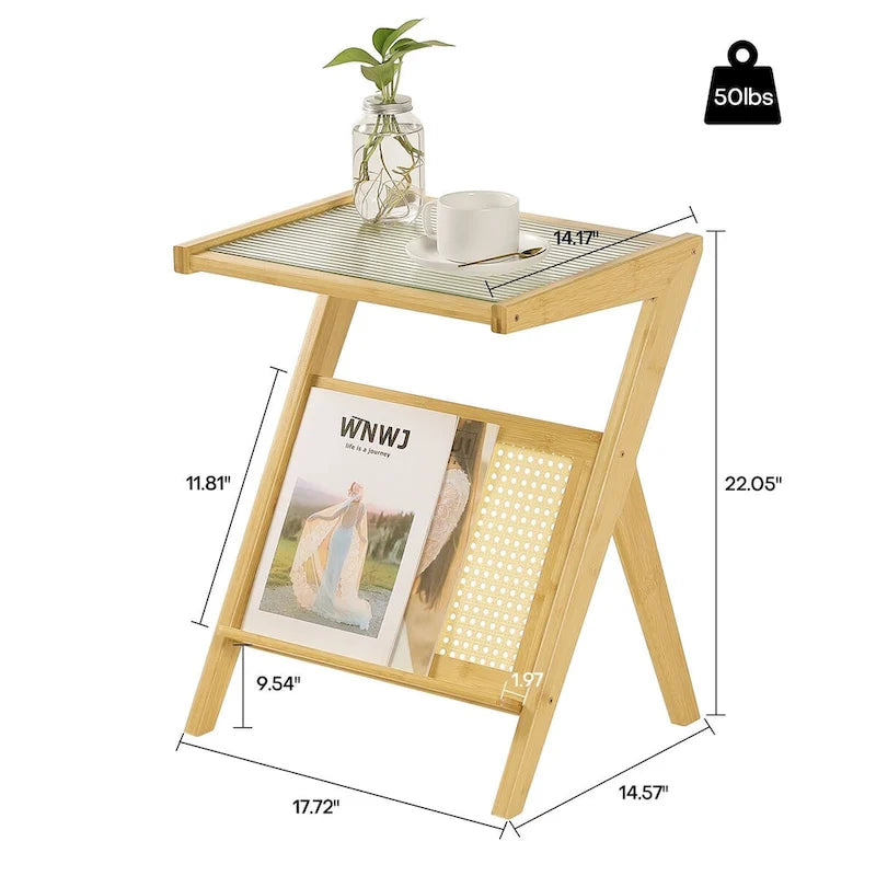Bamboo Glass Top End Table, Accent Side Table w/ Storage Rack