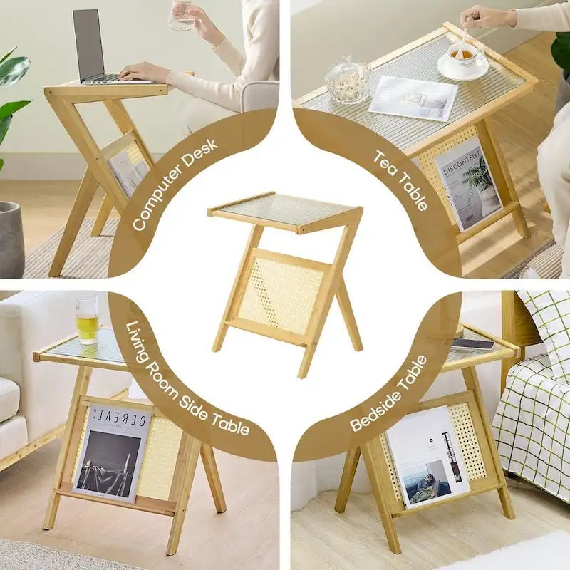 Bamboo Glass Top End Table, Accent Side Table w/ Storage Rack