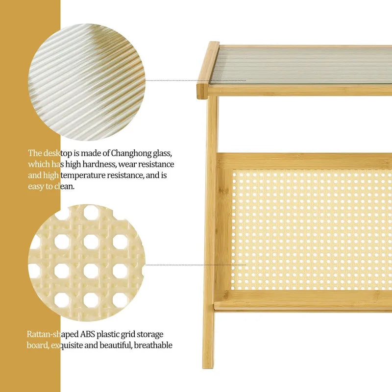 Bamboo Glass Top End Table, Accent Side Table w/ Storage Rack