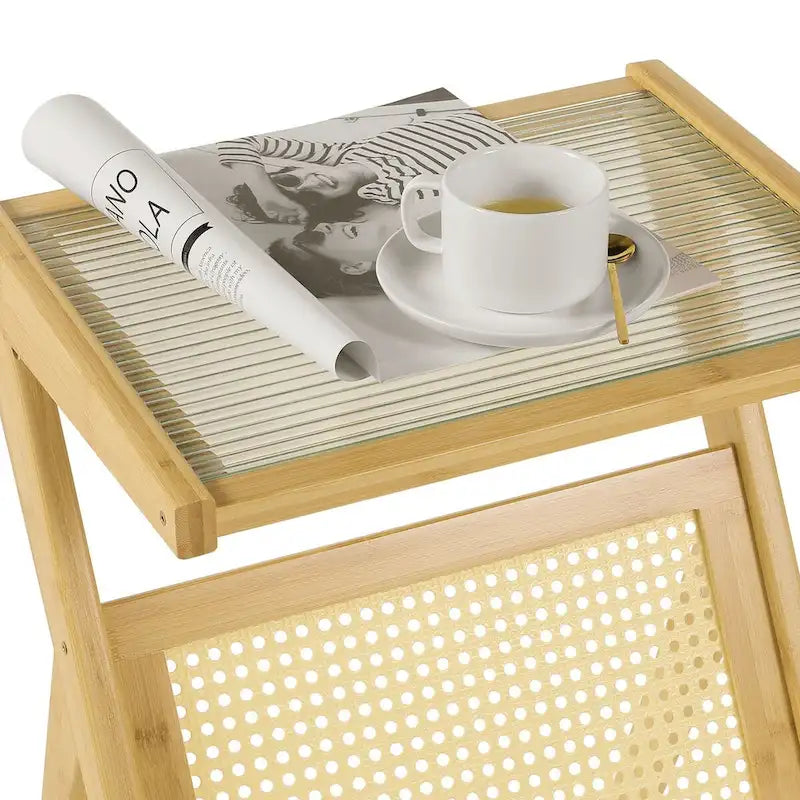 Bamboo Glass Top End Table, Accent Side Table w/ Storage Rack