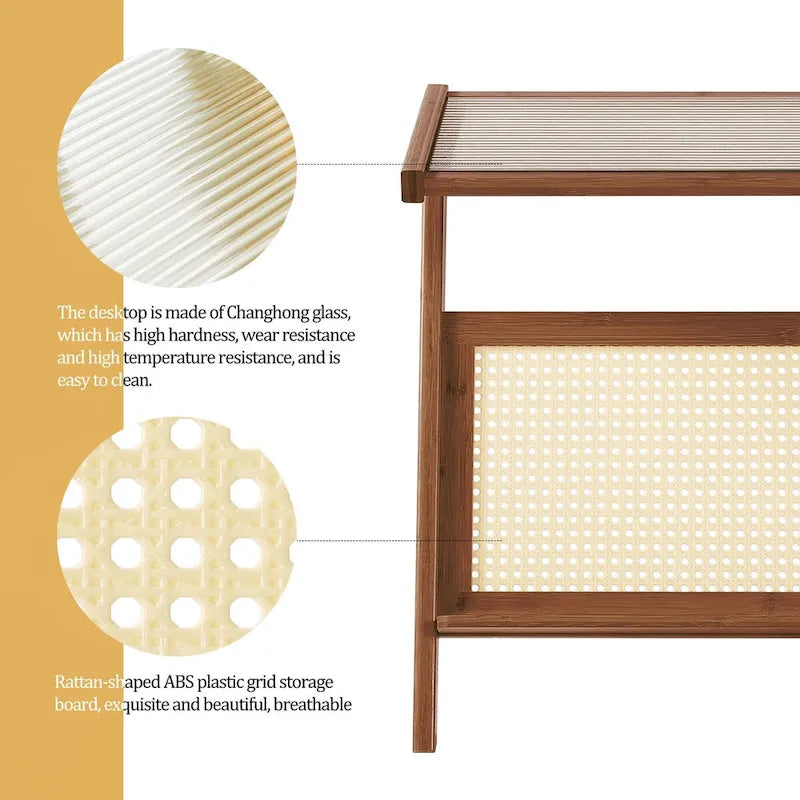 Bamboo Glass Top End Table, Accent Side Table w/ Storage Rack