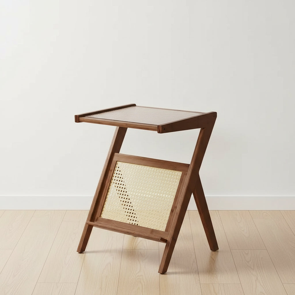 Bamboo Glass Top End Table, Accent Side Table w/ Storage Rack