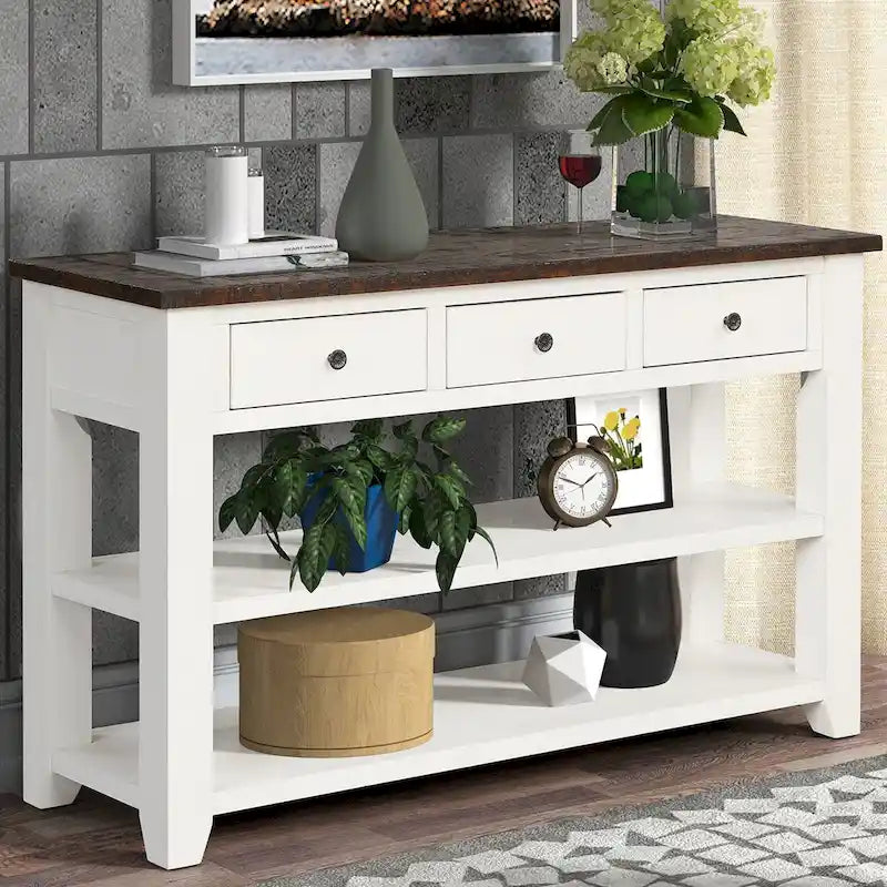 48 Solid Pine Wood Top Console Table with Drawers and Shelve
