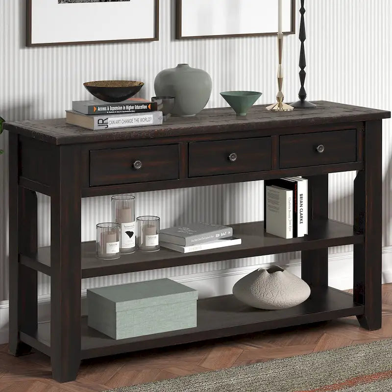 48 Solid Pine Wood Top Console Table with Drawers and Shelve