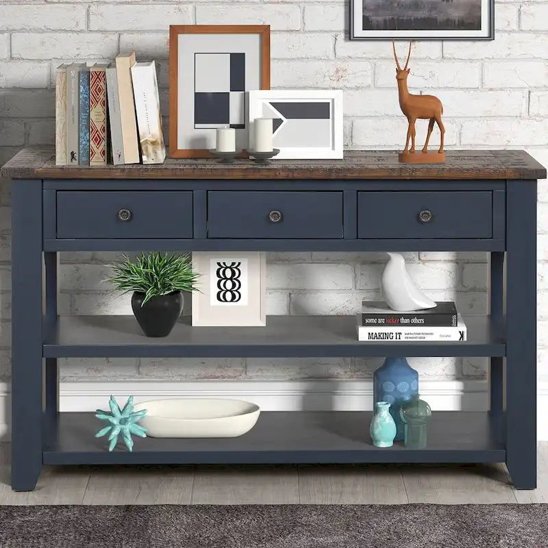 48 Solid Pine Wood Top Console Table with Drawers and Shelve