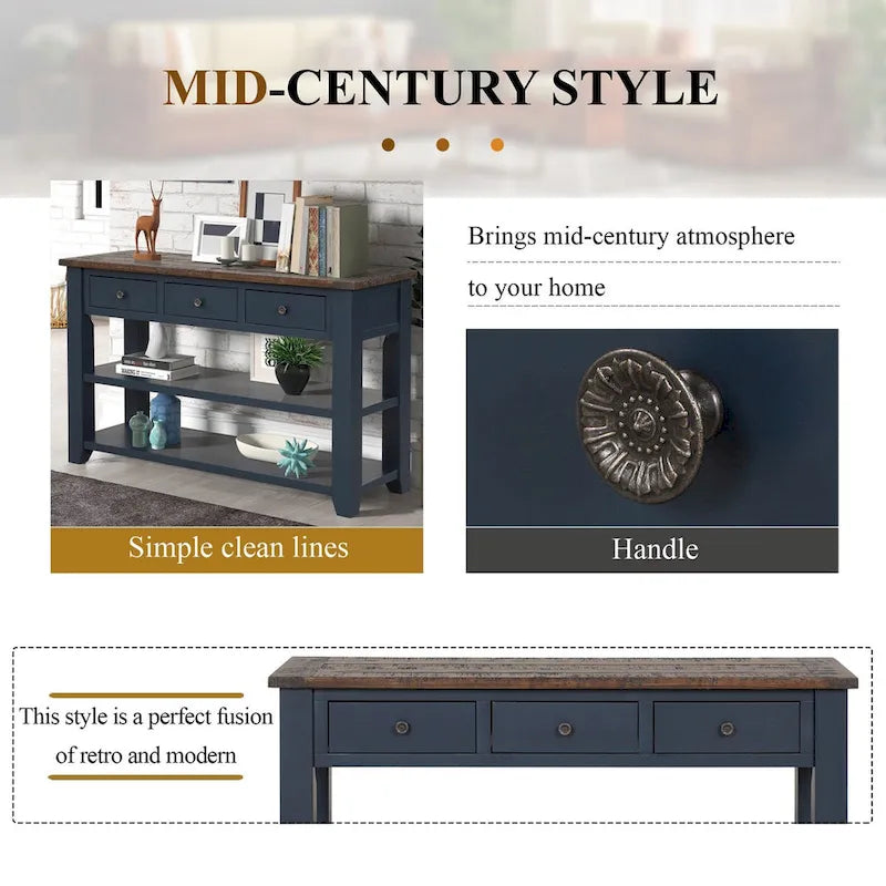48 Solid Pine Wood Top Console Table with Drawers and Shelve