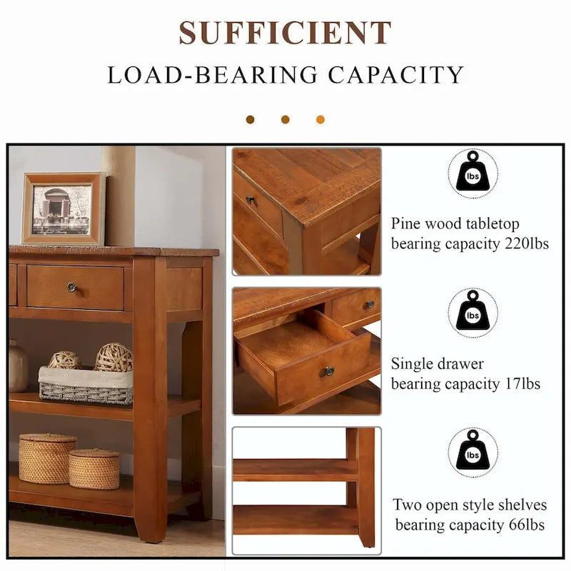 48 Solid Pine Wood Top Console Table with Drawers and Shelve
