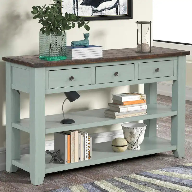 48 Solid Pine Wood Top Console Table with Drawers and Shelve