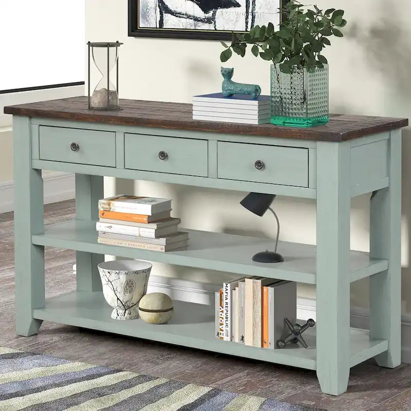 48 Solid Pine Wood Top Console Table with Drawers and Shelve