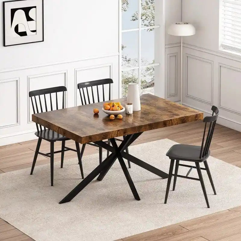 Retro Farmhouse Style 4-6 People Extendable Dining Table with X-Cross Metal Base and Storage Box