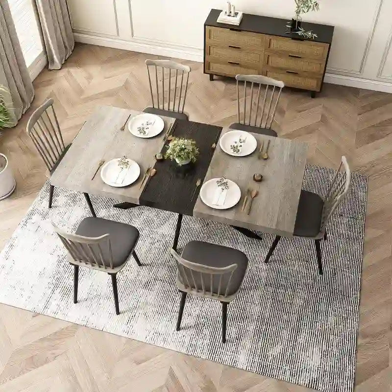 Retro Farmhouse Style 4-6 People Extendable Dining Table with X-Cross Metal Base and Storage Box