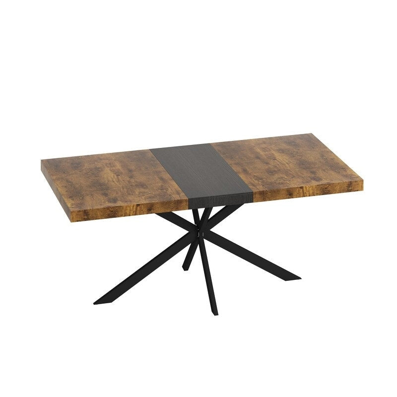 Retro Farmhouse Style 4-6 People Extendable Dining Table with X-Cross Metal Base and Storage Box