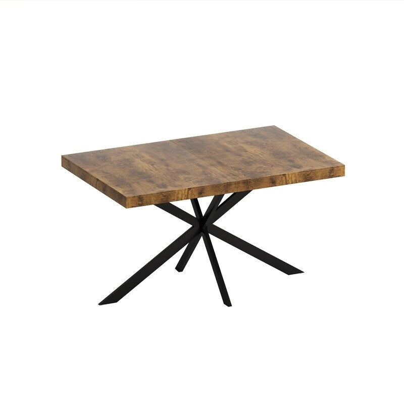 Retro Farmhouse Style 4-6 People Extendable Dining Table with X-Cross Metal Base and Storage Box