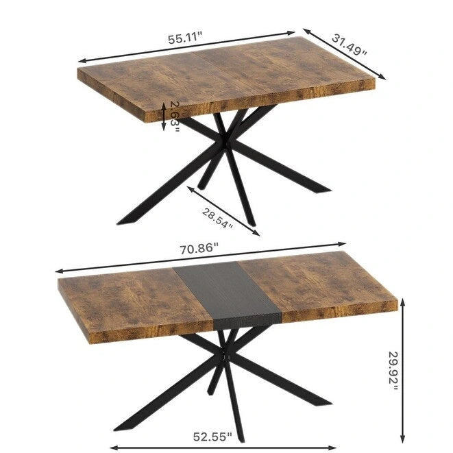Retro Farmhouse Style 4-6 People Extendable Dining Table with X-Cross Metal Base and Storage Box