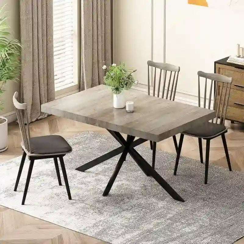 Retro Farmhouse Style 4-6 People Extendable Dining Table with X-Cross Metal Base and Storage Box