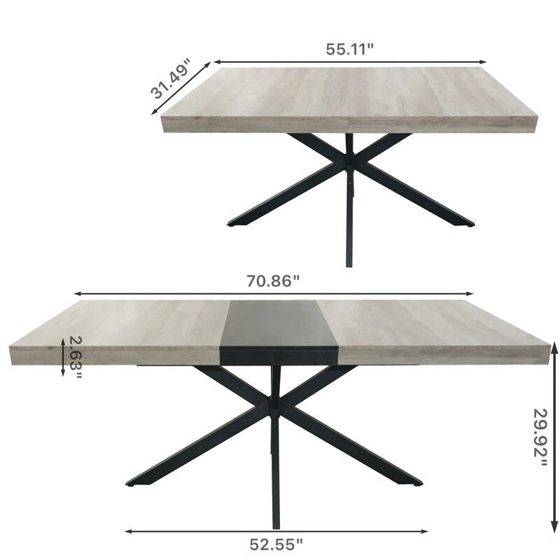 Retro Farmhouse Style 4-6 People Extendable Dining Table with X-Cross Metal Base and Storage Box