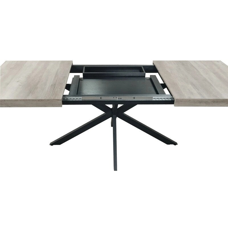 Retro Farmhouse Style 4-6 People Extendable Dining Table with X-Cross Metal Base and Storage Box