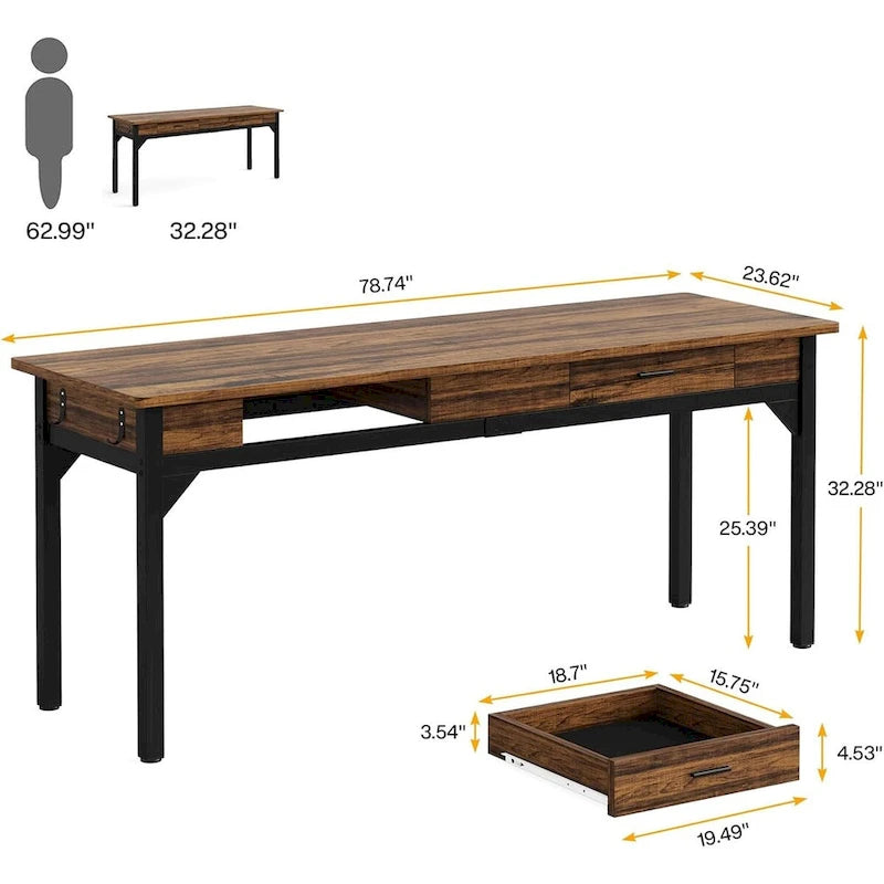 78.7 Extra Long Computer Desk, Two Person Large Desk with 2 Drawers