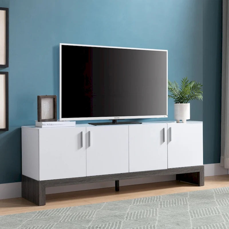 Side Credenza with 4 Doors, Storage Cabinets, 60 TV Stand- White & Distressed Grey