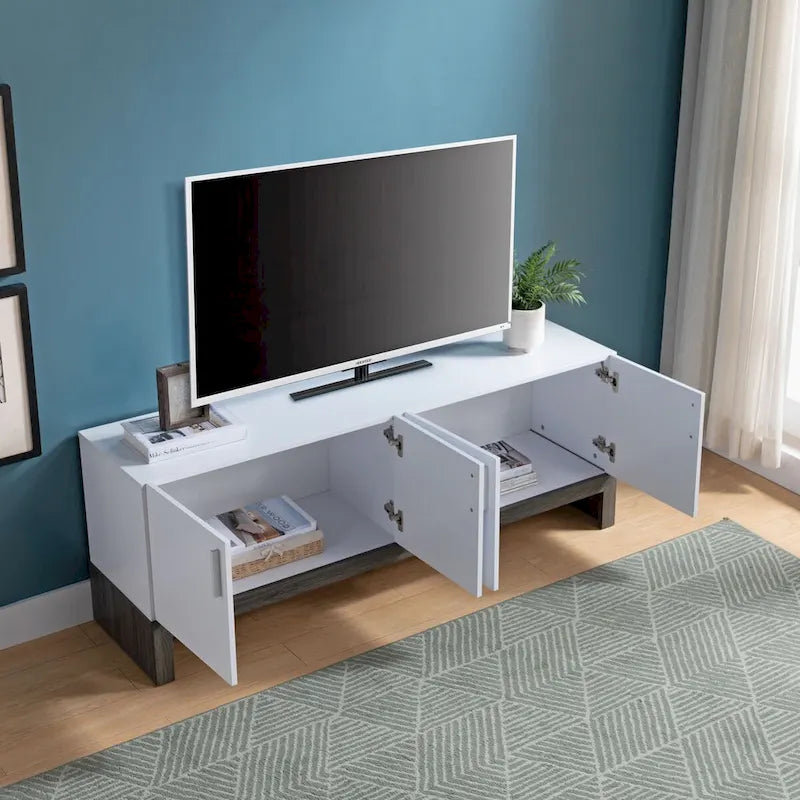 Side Credenza with 4 Doors, Storage Cabinets, 60 TV Stand- White & Distressed Grey