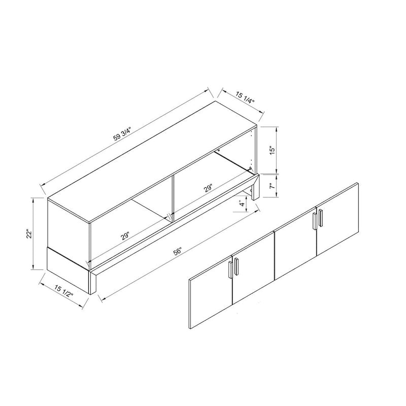 Side Credenza with 4 Doors, Storage Cabinets, 60 TV Stand- White & Distressed Grey
